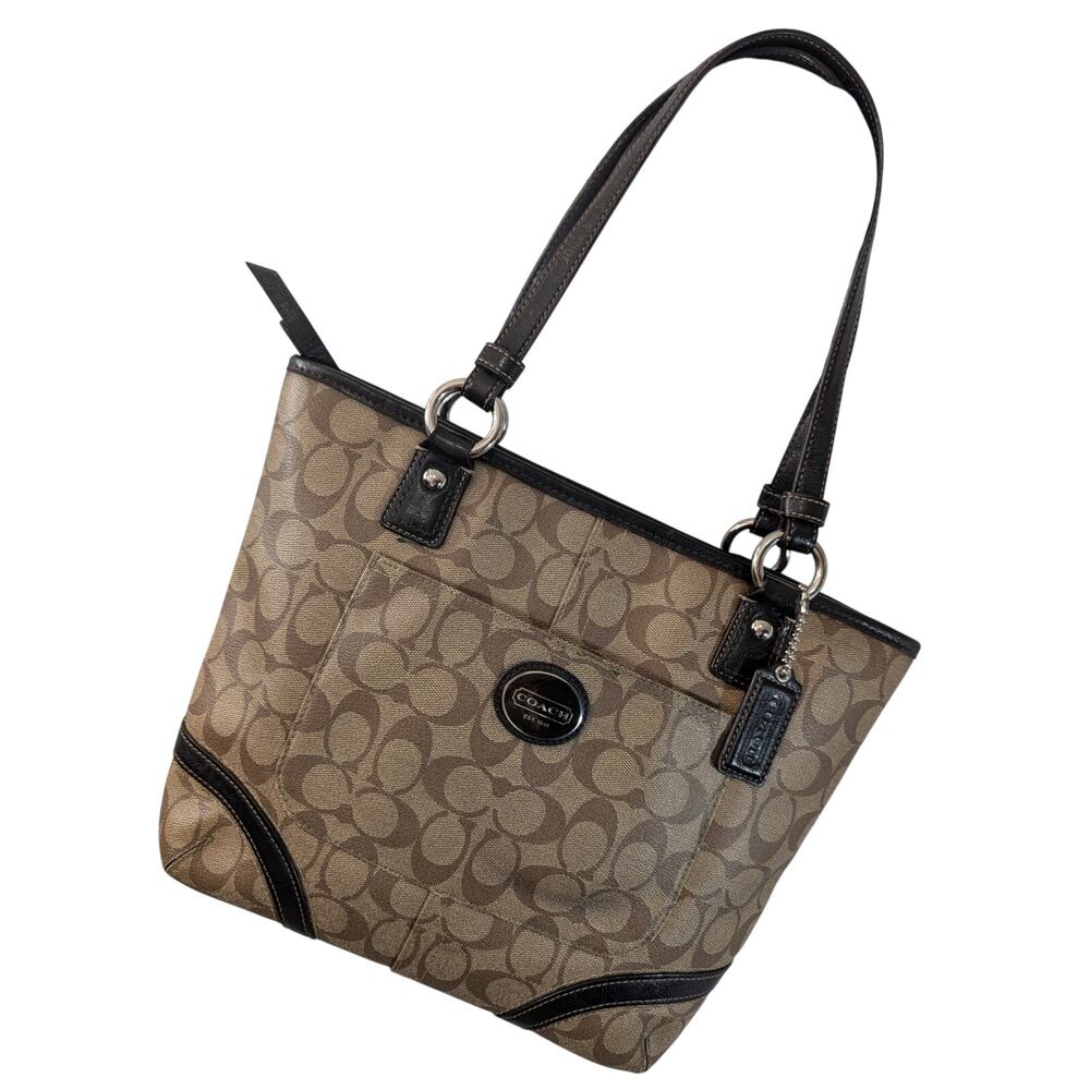 COACH! LUXE BROWN GENUINE LEATHER & TAN MONOGRAM PEYTON HANDBAG, PURSE, BAG! - Picture 14 of 14